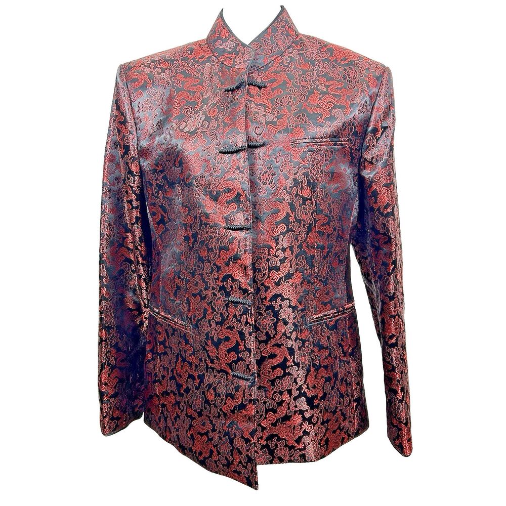 Leeroyalty Red Black Dragon Brocade Tang Jacket Mandarin Collar Unisex